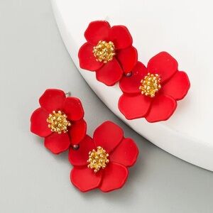 Red Matte double Flower Earrings with Gold Accent